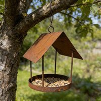 Iron Hanging Bird Feeder Hut Shape Rusty Design Bird Food Container Rain-Resistant Decor Bird House Porch Garden Yard Outdoor