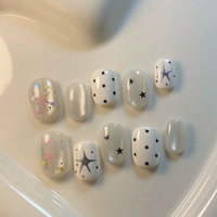 10 Handmade Pressed Bean Shaped Nails, Beautiful Fake Nails, Simple Polka Dot Stars, Suitable for Women to Use