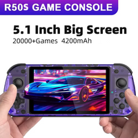 Transparent purple R50S Retro Handheld Video Game Console 5.1 Inch IPS Screen 15000+ Games 10+ Emulator for PS1/PSP/DC/N64/