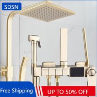 Brushed Gold Thermostatic Digital Bathroom Shower Set 9 Inch Rain Shower Head Hot Cold Bath Faucets Digital Display Shower Set