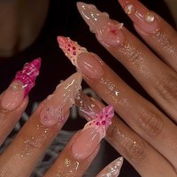 24pcs French Style Fake Nail Tips 3D Water Drop Butterfly Shell Designs Press On Nails Reusable Long Almond Summer False Nails