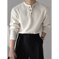 American Retro Henry Collar Long Sleeve T-Shirt Men's Casual Waffle Texture Loose Fit Shirt Half Buttoned Youth Fashion