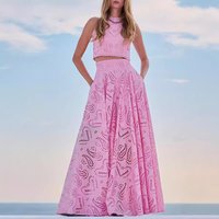 Women's Soild Hollow Out 2 Piece Skirt Outfits Sleeveless O Neck Eyelet Tank Tops Long Flowy Skirt Set Beach Casual