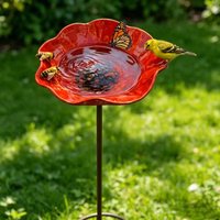 Metal Flower Garden Stake Large Bee Bird Watering Drinking Bowl Outdoor Yard Art Decor, Iron Floral Sculpture for Lawn Ornament