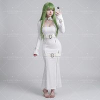 Code Geass C.C Cosplay Full Set, White Gothic Harness Mermaid Dress with Lace Headscarf, CC Anime Cos for Halloween Comic Con