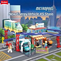 Sluban 379PCS City Street View Building Blocks New Energy Vehicle 4S Shop Monorail Train Pull Back Car Educational Bricks Toys F