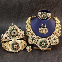 Sunspicems Gold Color Morocco Bride Wedding Jewelry Sets Women Caftan Belt Round Choker Necklace Cuff Bracelet Earring Ring Set