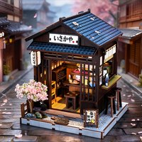 Japanese Sakura Izakaya DIY Miniature House Kit,3D Wooden Assembly Micro Model with LED Light,Desktop Home Decor Holiday Gift