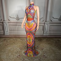ZD Colored sleeveless tight fitting shiny rhinestone mesh high neck dress cocktail parties nightclubs performances fashionable g