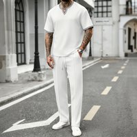 Men Two Piece Waffle Knit Matching Set, Solid Color Contrast Trim Short Sleeve Top and Straight Leg Pants for Streetwear