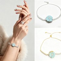 Three-dimensional Small Daisy Shape Bracelet Tiffany Blue Enamel Flower Round Transparent Zirconite Bracelet women Bracelet