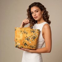 Retro Yellow Background Magnolia Print Bamboo Handle Women's Tote Bag, Chinese Aesthetic Handbag, Large Capacity Portable Bag