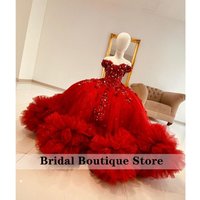 Luxury 2024 Red Flower Girls Dress For Weddings Floral Applique Glitter Bead Diamonds With Bow Birthday Gown Ruffles Customized