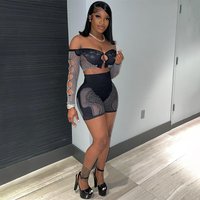 Women 2 Piece Set Print Patchwork Sexy Rhinestone Off Shoulder Long Sleeve Crop Tops and Shorts Coquette Nightclub Wear