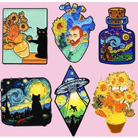 6pcs/set Van Gogh Sunflowers and Starry Sky Enamel Pin Metal Brooch Backpack Collar Lapel Badges Fashion Jewelry Collection Gift