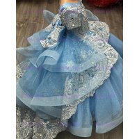Quality Flower Girl Dress Blue Tulle Fluffy Exquisite Silver Applique for Little Princess Birthday Party Evening Ball Gowns
