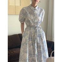 Elegant Summer Vintage Chic Short Sleeve Pleated Waist Slimming Dress Women's Belt Included Korean Style Commute Dress
