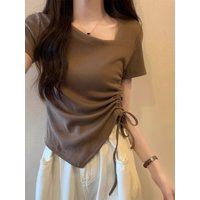 Chic Short Sleeve T-Shirt Women's Summer Drawstring Slimming Belly Cover Korean Style Short Length Asymmetric Design Cotton B...