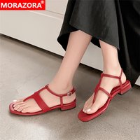 MORAZORA Ins New Genuine Leather Sandals Women Shoes Low Heels Summer Sandals Red Blue Fashion Ladies Party Dress Shoes