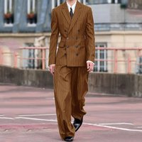 Men's Brown Pinstripe Suit 2 Piece Double Breasted Slim Fit Notch Lapel Jacket Wide Leg Pants Formal Set Business Wedding Outfit