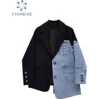 Women Vintage Fashion Blazer Denim Patchwork Jackets 2022 Autumn Winter Irregular Coat Women Long Sleeve Loose Korean Outerwear