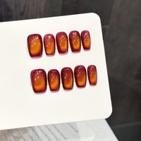 10Pcs Red Orange Gradient Press On Nails Short Coffin Glitter Cat Eyes False Nails For Women Wearable Detachable Fake Nails