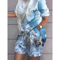 Plus Size 1XL-5XL Women's Fashion Two Piece Set of Printed Short Sleeved Shorts Women Casual Two Piece Set