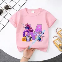 2026 New summer cotton T-shirt with letter A-Z cartoon print. K-Pop Demon Hunters. Children's short-sleeved girls' casual top.