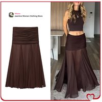Elegant Chic Women Semi-sheer Draped Skirt Stylish Dark Brown Midi Skirt with Draped Cummerbund-style Fabric and Asymmetric Hem