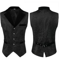 Men's Gothic Victorian Long Waistcoat, Vintage Renaissance Tailcoat Vest with Velvet Collar & Adjustable Belt for Halloween