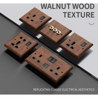 Black Walnut Wood Toggle Light Switch,Home Retro Brass Panel UK Universal USB type-c Wall Electrical Socket Vintage Switch