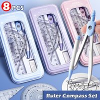 8PCS/Set Plastic Ruler Compasses Set Transparent Eraser Measuring Ruler Straight Ruler Set Square Drawing Tool Students