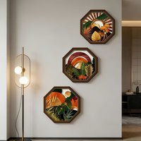 3Pcs 2D Flat Octagonal Wooden Wall Stickers, Tropical Landscape Print, Boho Decor with Nano Tape for Living Room