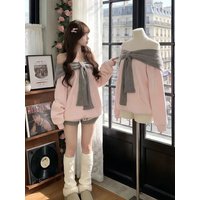 Spring 2026 Trendy Pink Loose Sweatshirt And Shorts Two-Piece Set Women's One-Shoulder Shawl Sweet Style High Waist ...