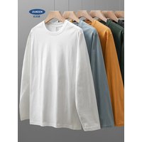 DUKEEN Men's 260G Long Sleeve T Shirts 2025 Spring Pure Cotton Solid Color Basic Crew-Neck Undershirt Men's Loose Tops 11 Color