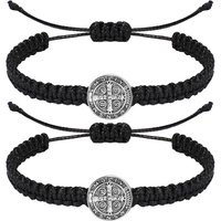 2 Pcs Catholic Saint Benedict Medal Bracelets Adjustable Black and Red String Bracelets Religious Jewelry Gifts for Men Women