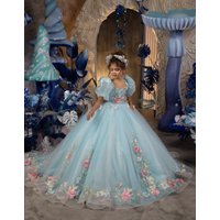 Girls Dress Light Blue Colorful Appliques Wedding Guest Clothes Sweet Puff Sleeve Kids Princess Gown Stage Performance Wear