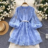 French Sweet V Neck Lantern Sleeve Mini Dress Summer Women Embroidery Flower Mesh Patchwork Belt Casual Beach A-Line Party Robes