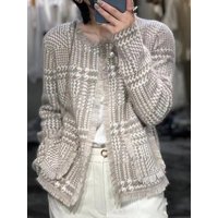 Kaszmirowy sweter w kratę z frędzlami z dzianiny mały pachnący wełniany sweter damski luźna w kratę płaszcz