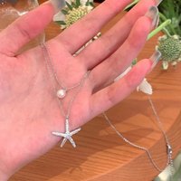 Fashion Silver Color Starfish Imitation Pearl Pendant Necklace for Women Simple Double Layered Clavicle Chain Necklace Jewelry