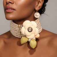 Statement Beads Necklace&Earrings Choker Camellia flower Design for Women Girl Trendy Wedding Party Jewelry Accessory