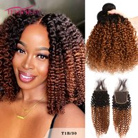 100% Human Virgin Hair Burmese Curly 2/3 Bundles With Lace Closure Ombre Highlight Kinky Curly Hair With 4x4 HD Lace Clousure