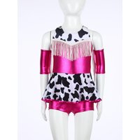 Girls Cowgirl Costume Jazz Dance Outfit Metallic Shiny Cow Print Leotard Dress with Tassels Oversleeve for Halloween Carnival