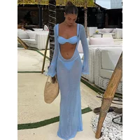Summer Knit Hollow Out Long Dress Backless See-Through Long Flare Sleeve Holiday Beach Maxi Dresses 2025 New Lady Slim Cover Up