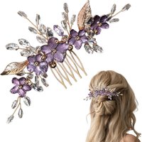 Purple Flower Hair Combs for Bride Wedding Gold Color Alloy Hairpins Side Clips Crystal Beads Decor Bridal Party Hair Jewlery