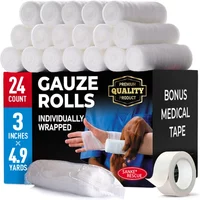 Premium Gauze Rolls 12-24 Pack 3-4" x 4.9yd Breathable Rolled Gauze Wrapped Bonus Tape First Aid Conforming Gauze Wrap Wounds