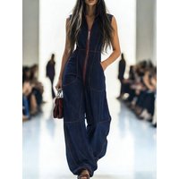 Onecozyday Women's Dark Blue Contrast Stitch Sleeveless Denim Wide Leg Jumpsuit Summer Stylish Loose Fit Streetwear Jumpsuits