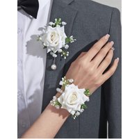 A set of 2 pieces of high-end white and red rose brooches and wrist flowers, perfect for Valentine's Day decoration