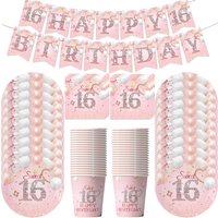 16th Birthday Party Disposable Tableware Rose Gold Birthday Paper Plates Cups Napkins 16 Year Old Birthday Supplies for Girls