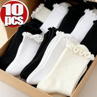 5/1 Pairs Lot Socks for Women Ruffle Middle Tube Ankle Short Breathable Black White Set Spring Autumn